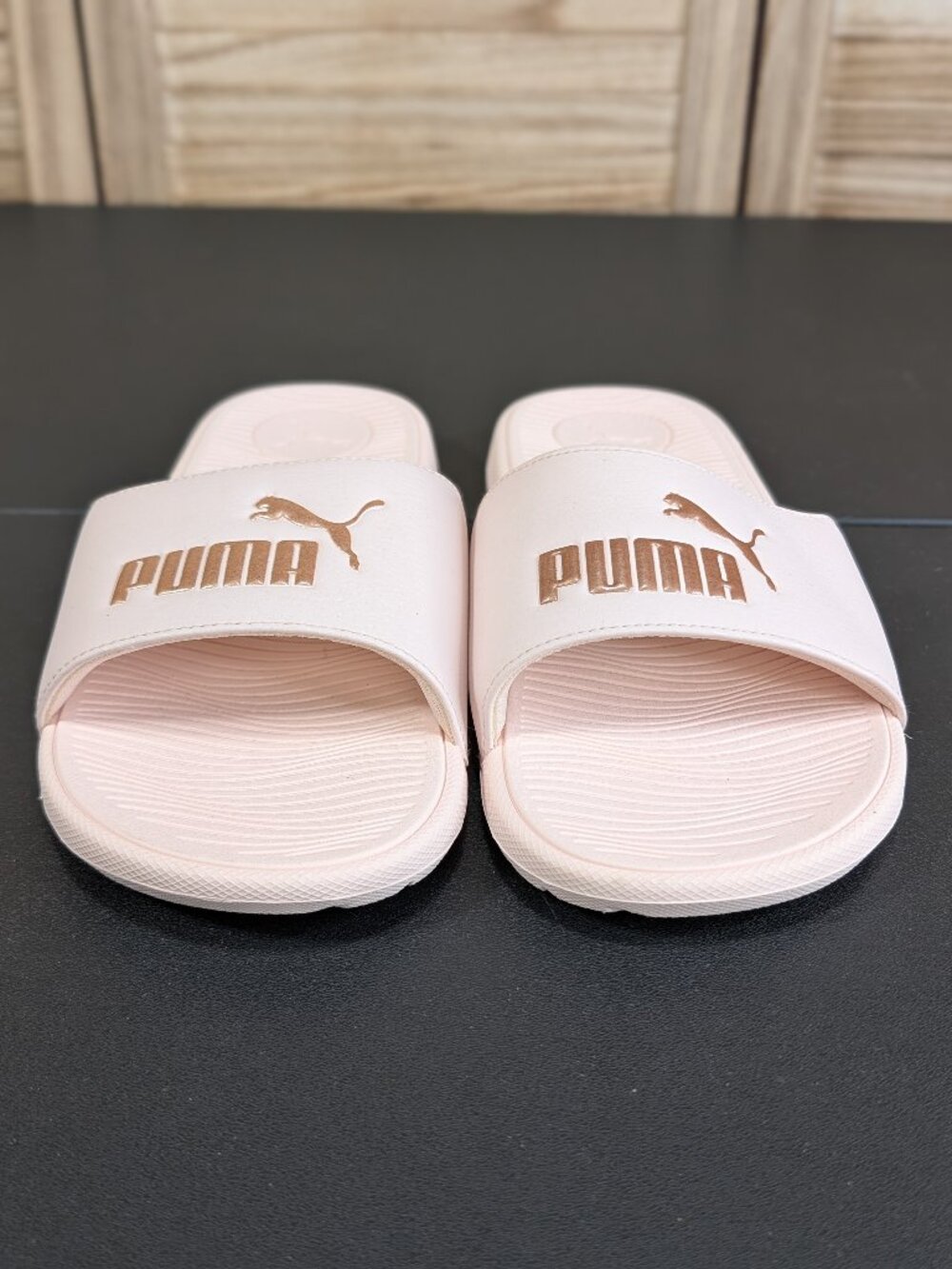 Puma Light Pink Slide Sandals with Rose Gold Logo Size 10
